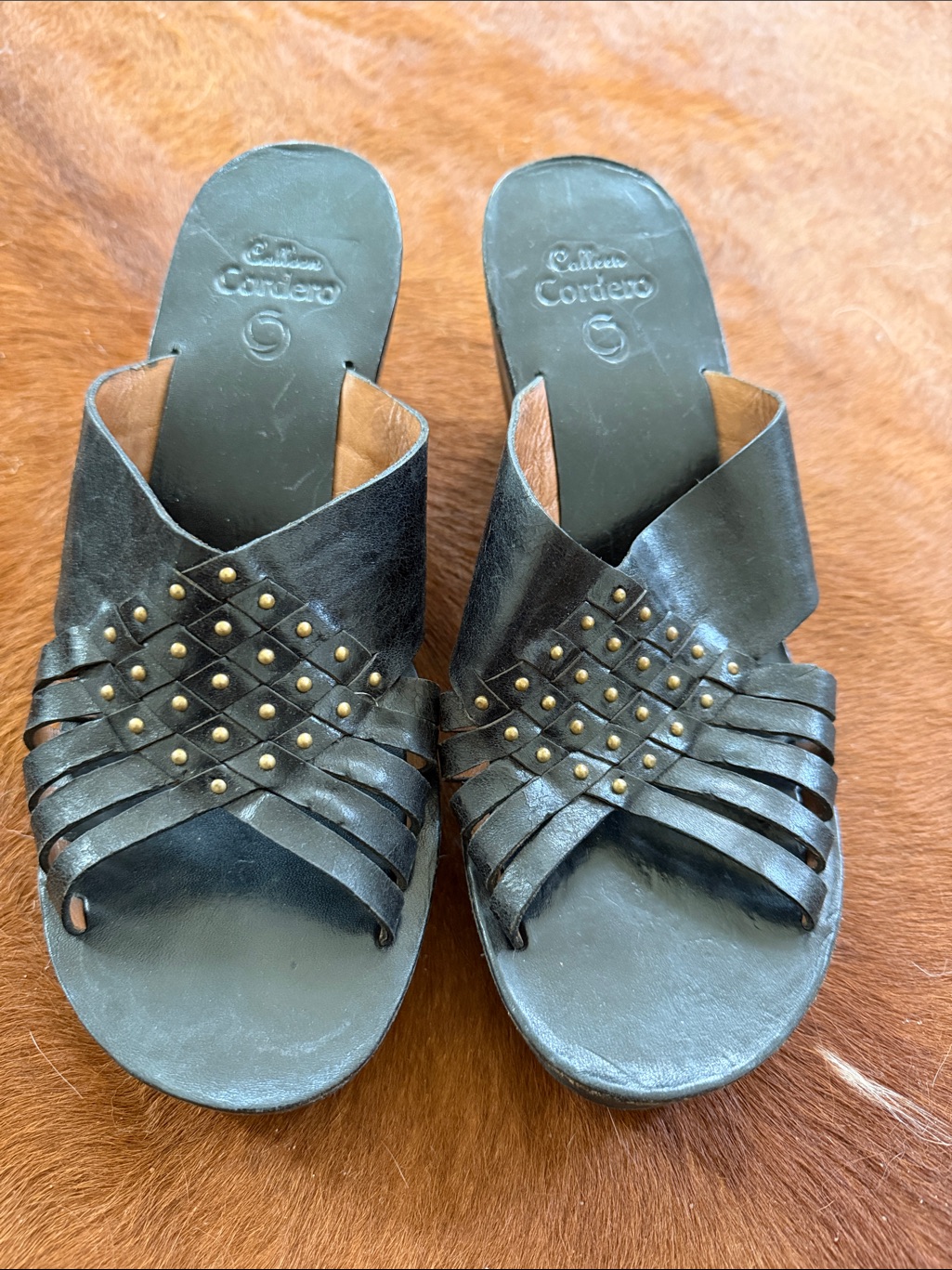 Black Leather Studded Slide Sandals By Calleen Cordero